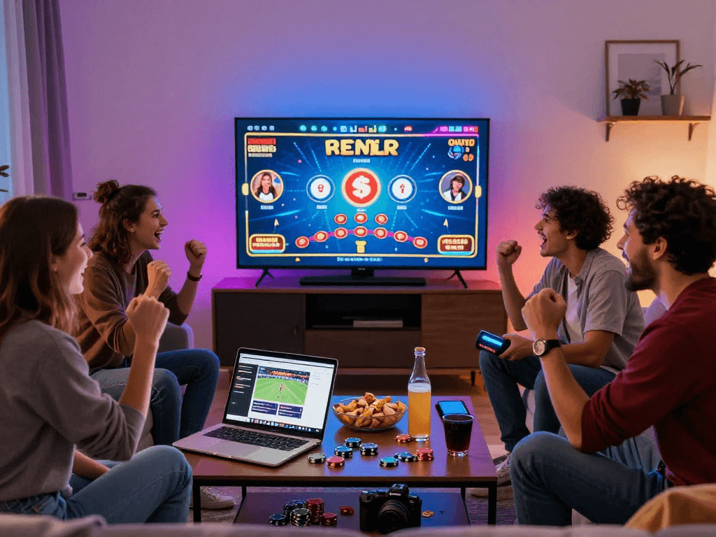 Group enjoying online gambling in Canada, cheering while playing games together.