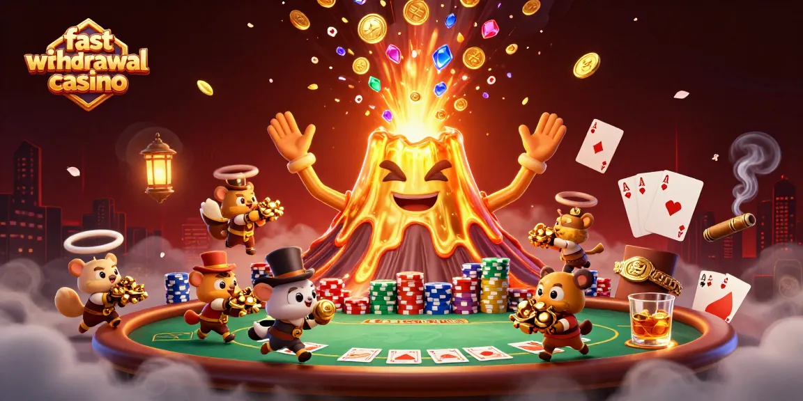 Experience fast withdrawal casino action as a golden volcano erupts treasures amidst poker excitement.