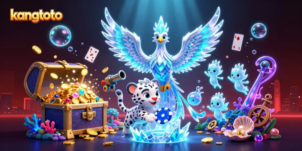 Gambarkan petualangan bermain di kangtoto dengan phoenix es bercahaya dan sprite es menari