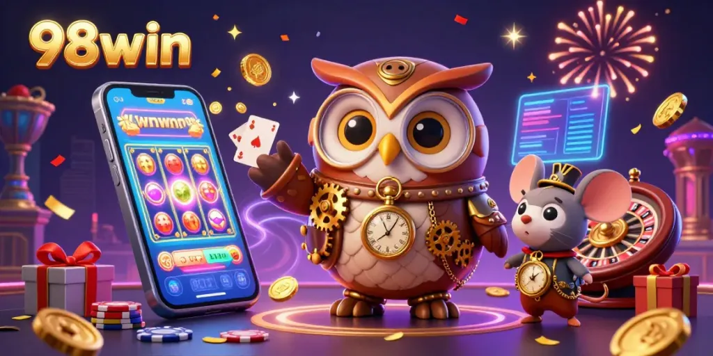 Engage with 98win's casino world, featuring vibrant characters and dynamic gaming elements.