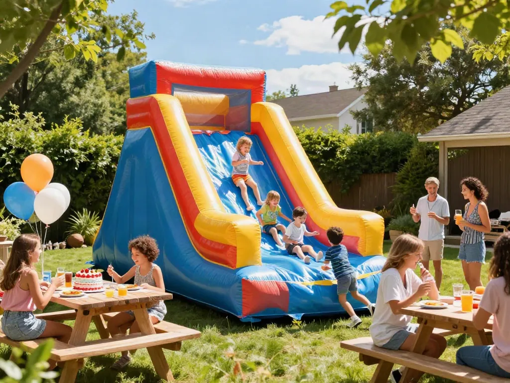 Joyful children playing on a colorful inflatable water slide at a summer party.