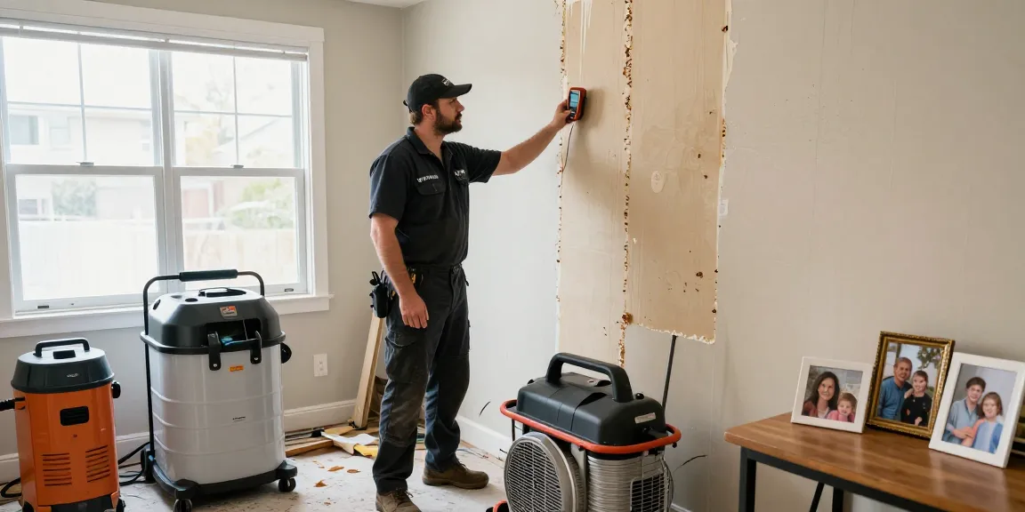 Water Damage Restoration Vancouver service in action, technician inspecting damage with equipment in bright home environment.