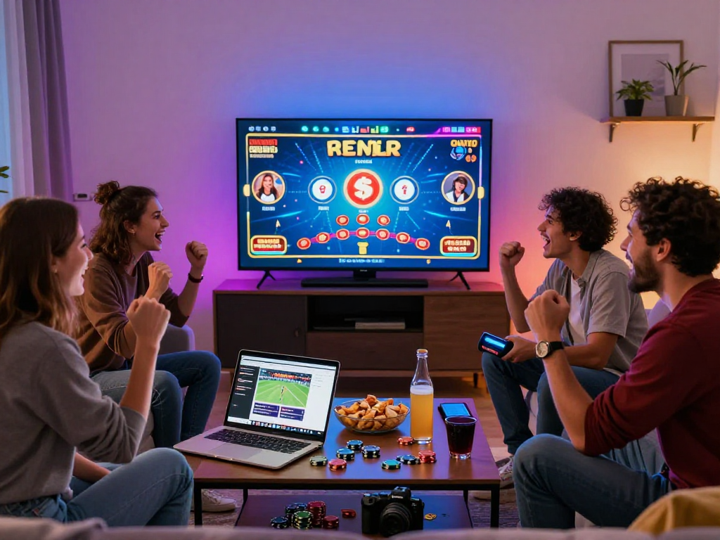 Group enjoying online gambling in Canada, cheering while playing games together.