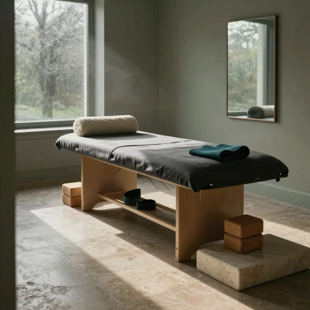 Alignment therapy studio with treatment table, linen bolster, cork blocks and rain-lit mirror.
