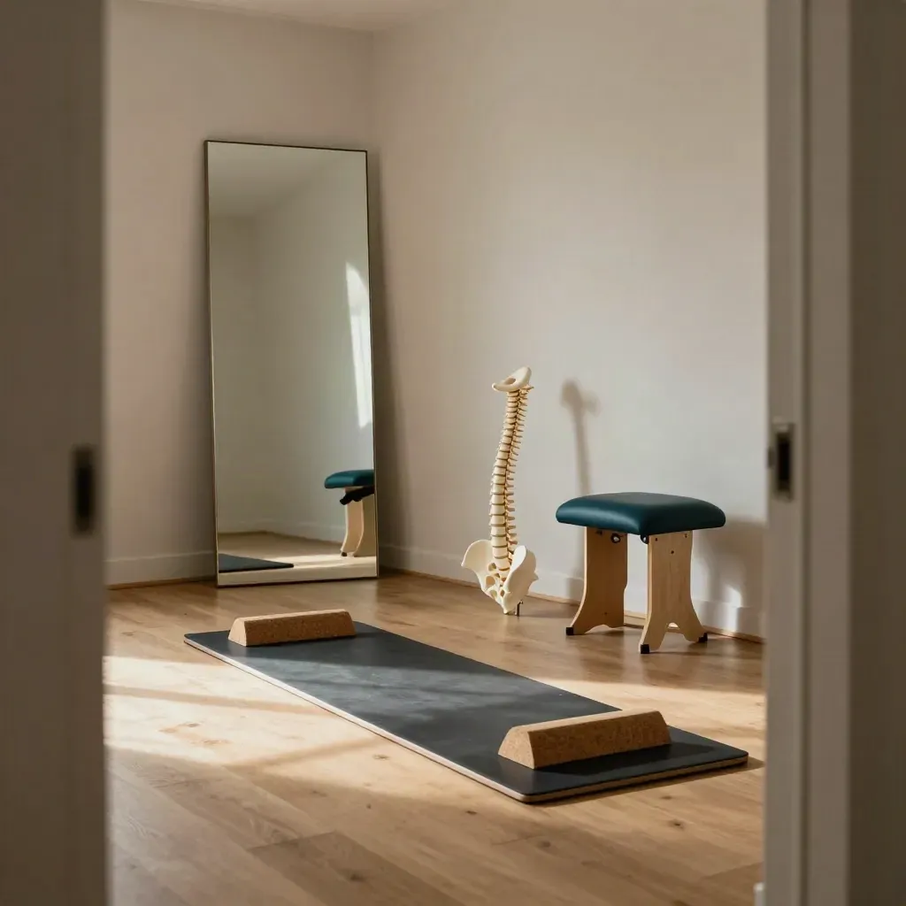 Posture assessment room with mirror, balance pad, cork wedges, spine model, and teal stool