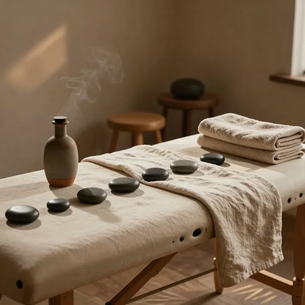 Warm manual therapy table with stones, oil bottle, towels and a stool in cozy afternoon light.