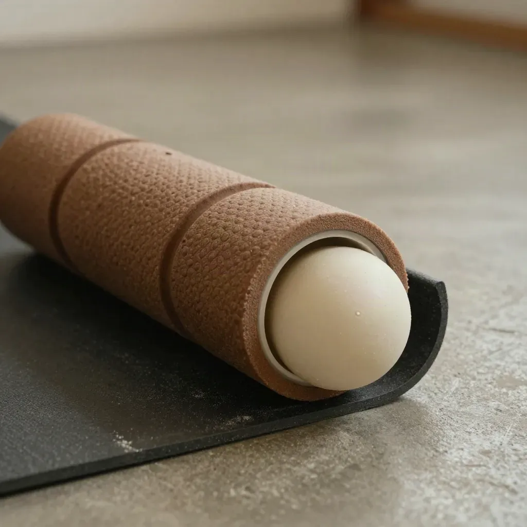 Macro of a foam roller, mobility ball, and mat edge on concrete with dust motes