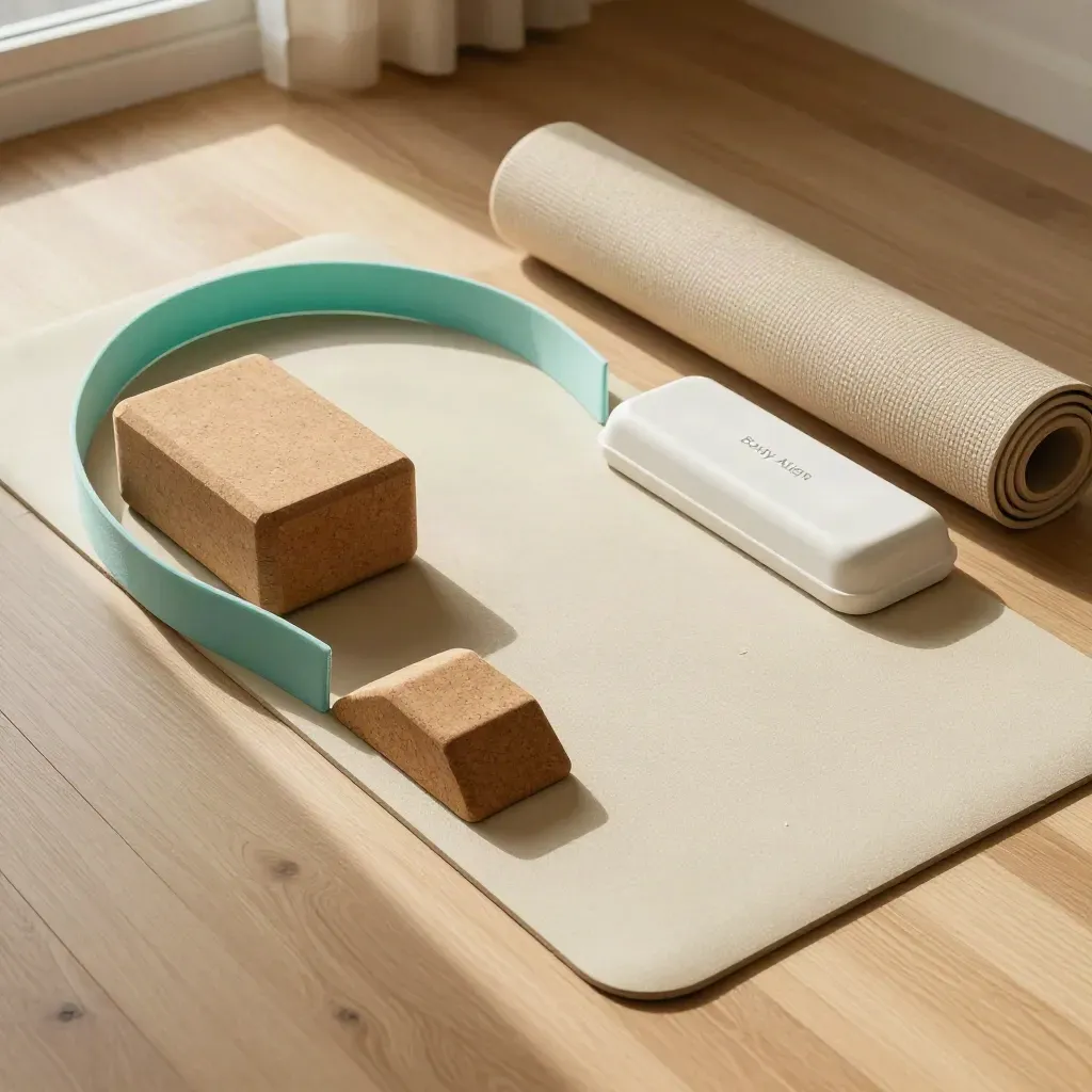 Top-down flatlay of corrective exercise tools on pale oak with soft aqua accent.