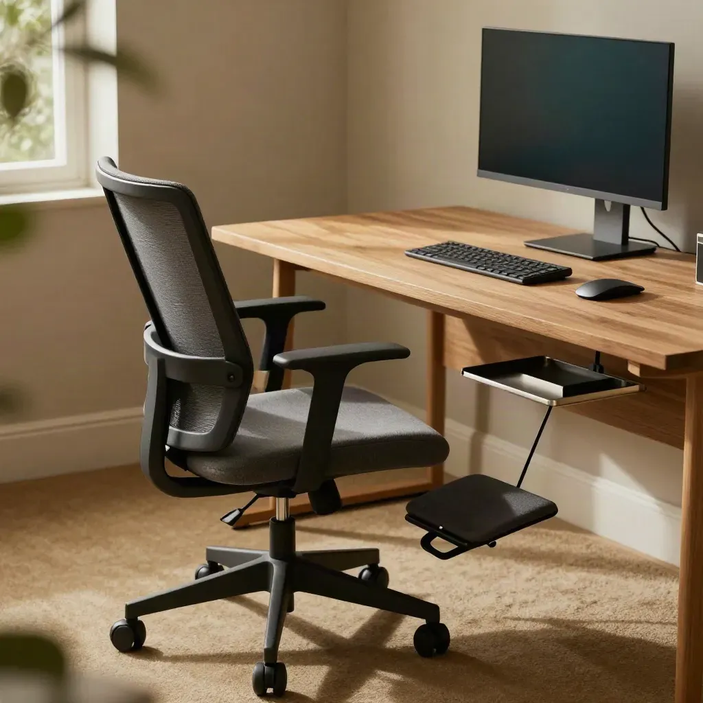 Ergonomic chair, desk, monitor riser, footrest, and cable tray in a calm home office corner.