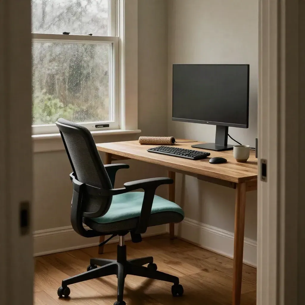 Moody empty home office with ergonomic chair, monitor stand, footrest, and rain-lit window haze