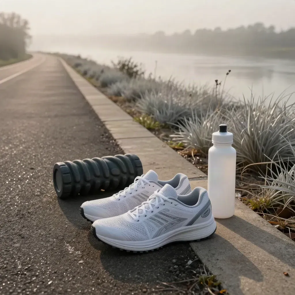 Road shoes, foam roller and water bottle beside a misty riverside path at dawn.