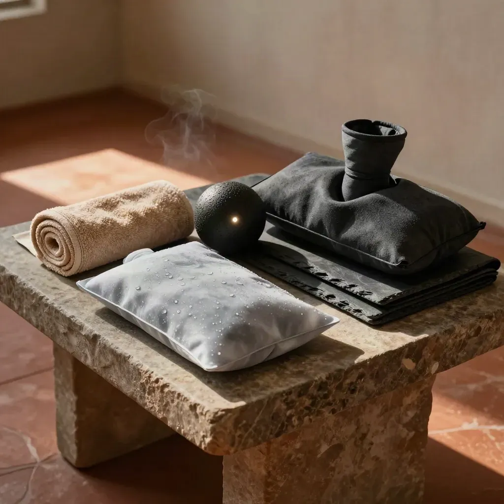 Ice pack, heat pack, massage ball, towel and mat on a stone bench in a cozy recovery nook.