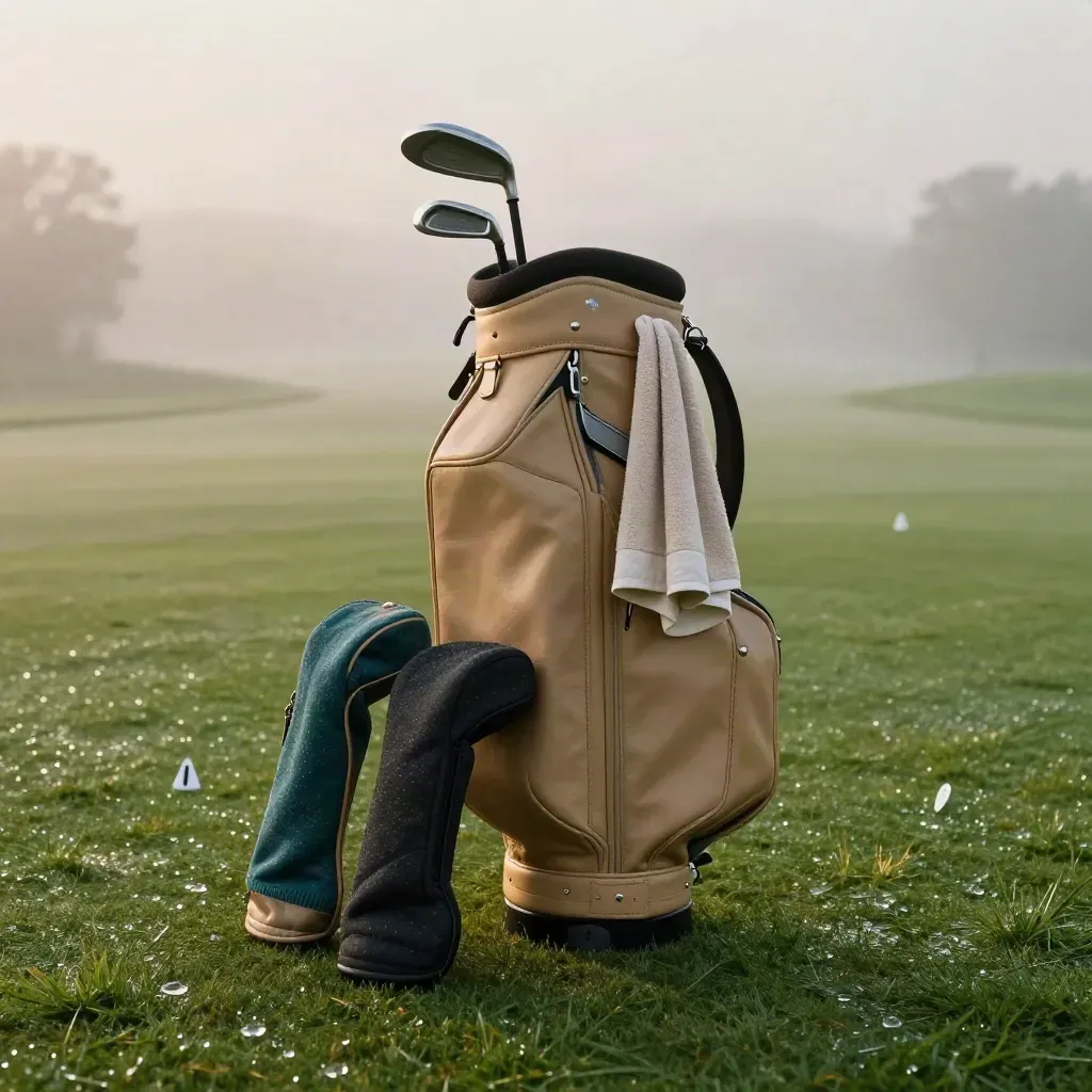 Golf bag with driver and towels beside a dew-covered tee box in soft dawn fog.