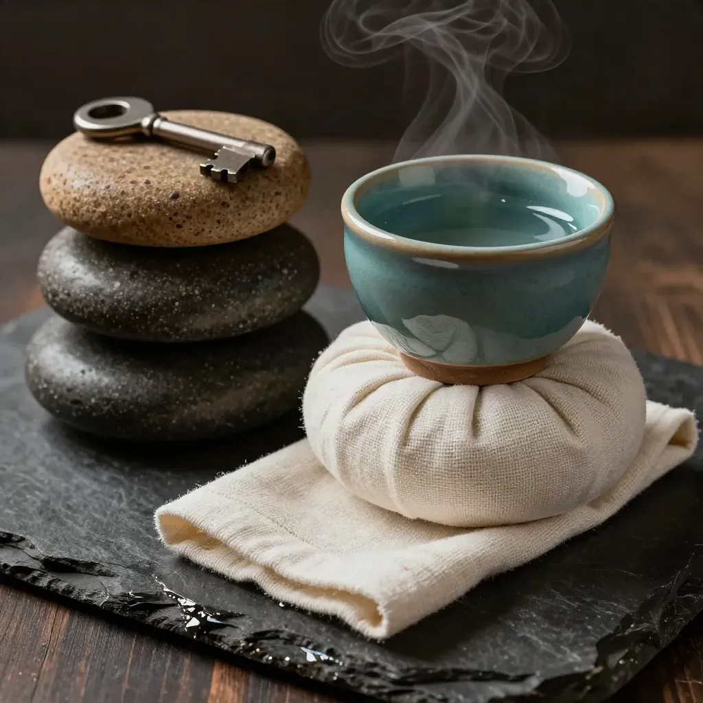 Basalt stones, oil cup and folded linen compress on a stone slab with faint steam