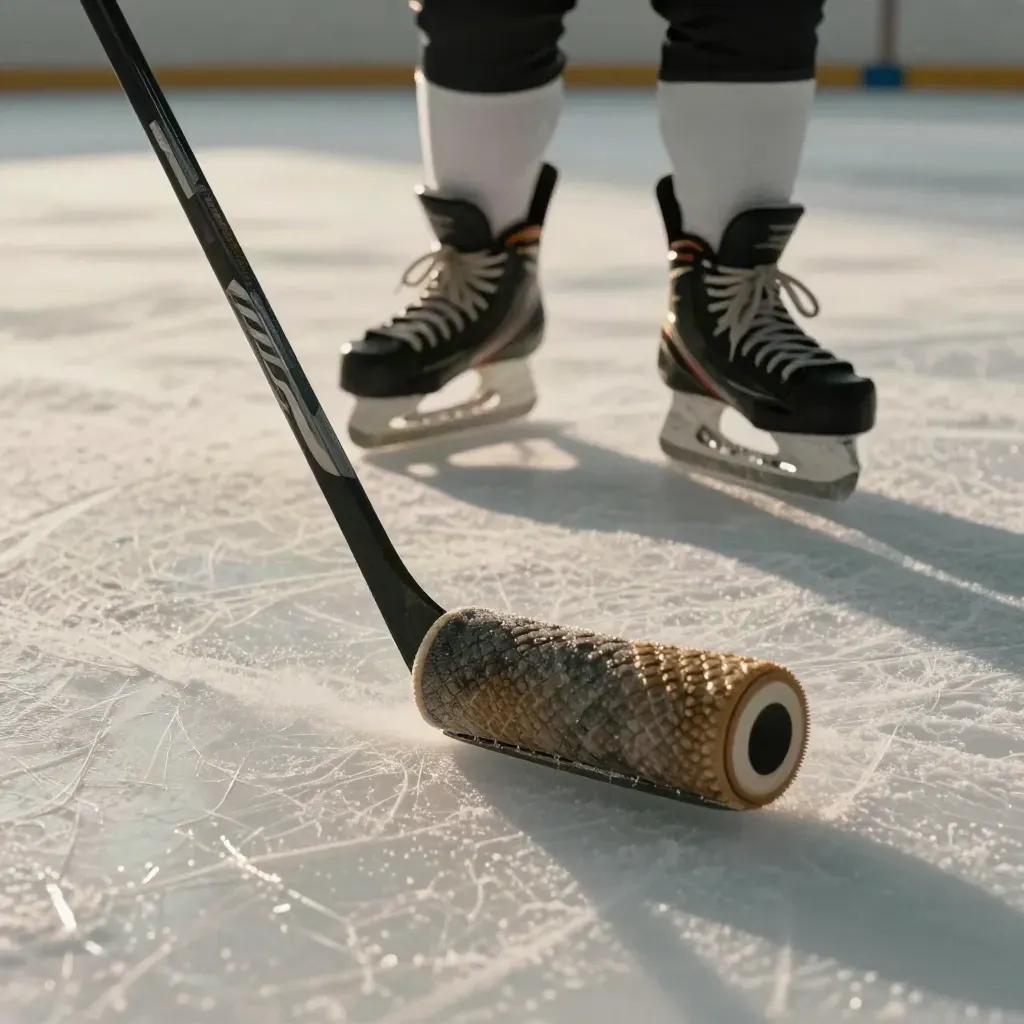 Hockey skates, taped stick, and recovery roller beside freshly resurfaced ice