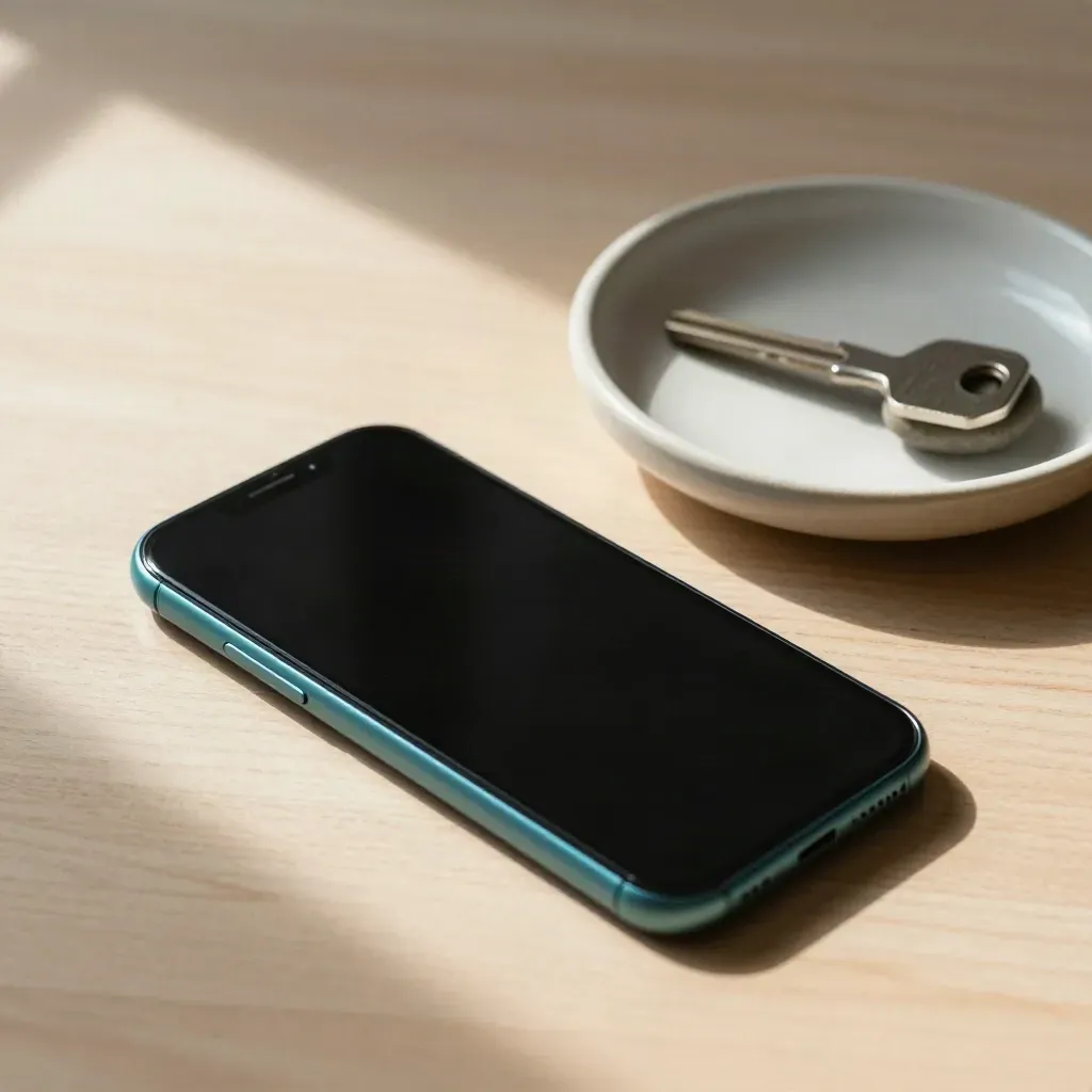 Overhead still life of a phone, ceramic key dish and stone on pale wood.