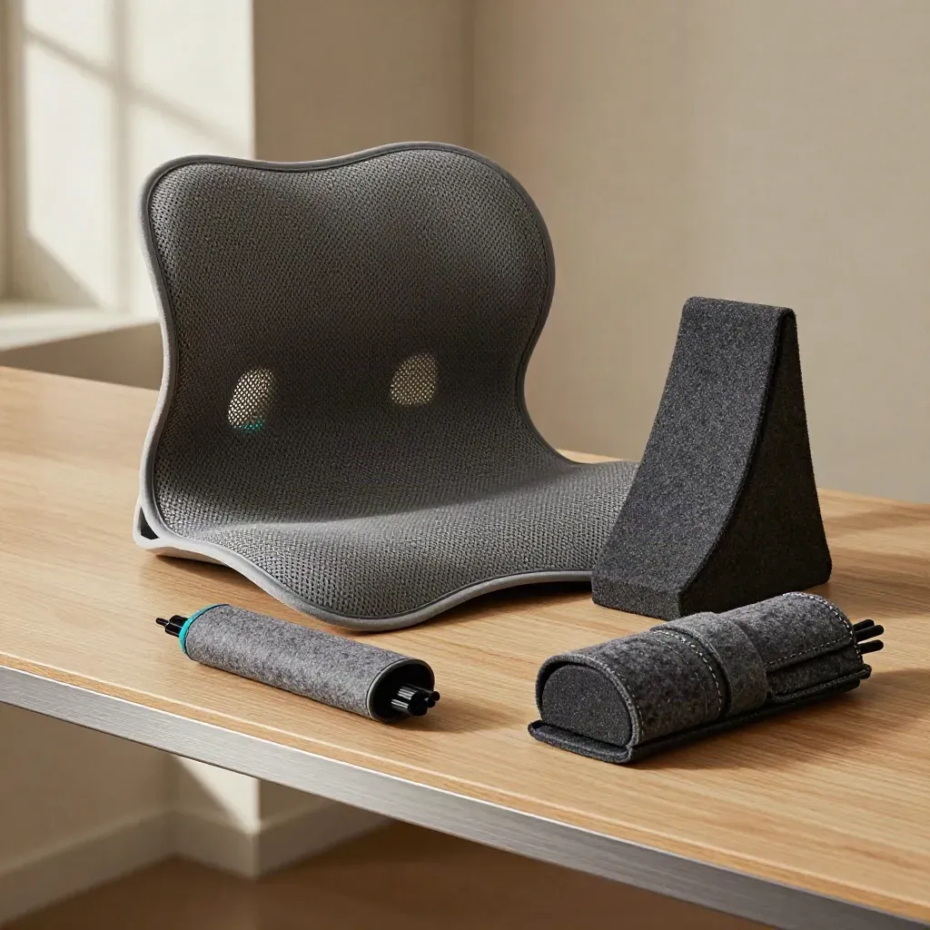 Lumbar cushion, footrest wedge and cable sleeve arranged on a pale wood shelf.