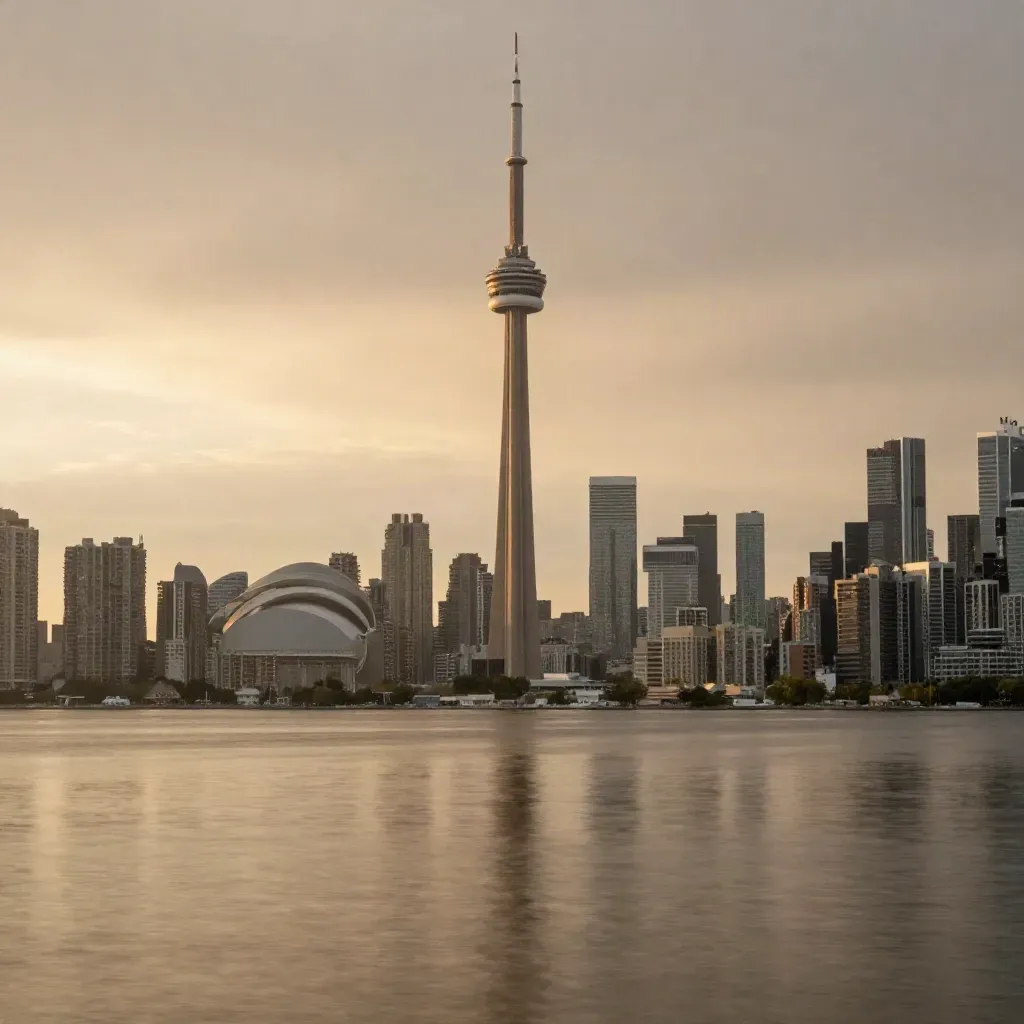 Toronto skyline with CN Tower above lake haze at blue hour after rain
