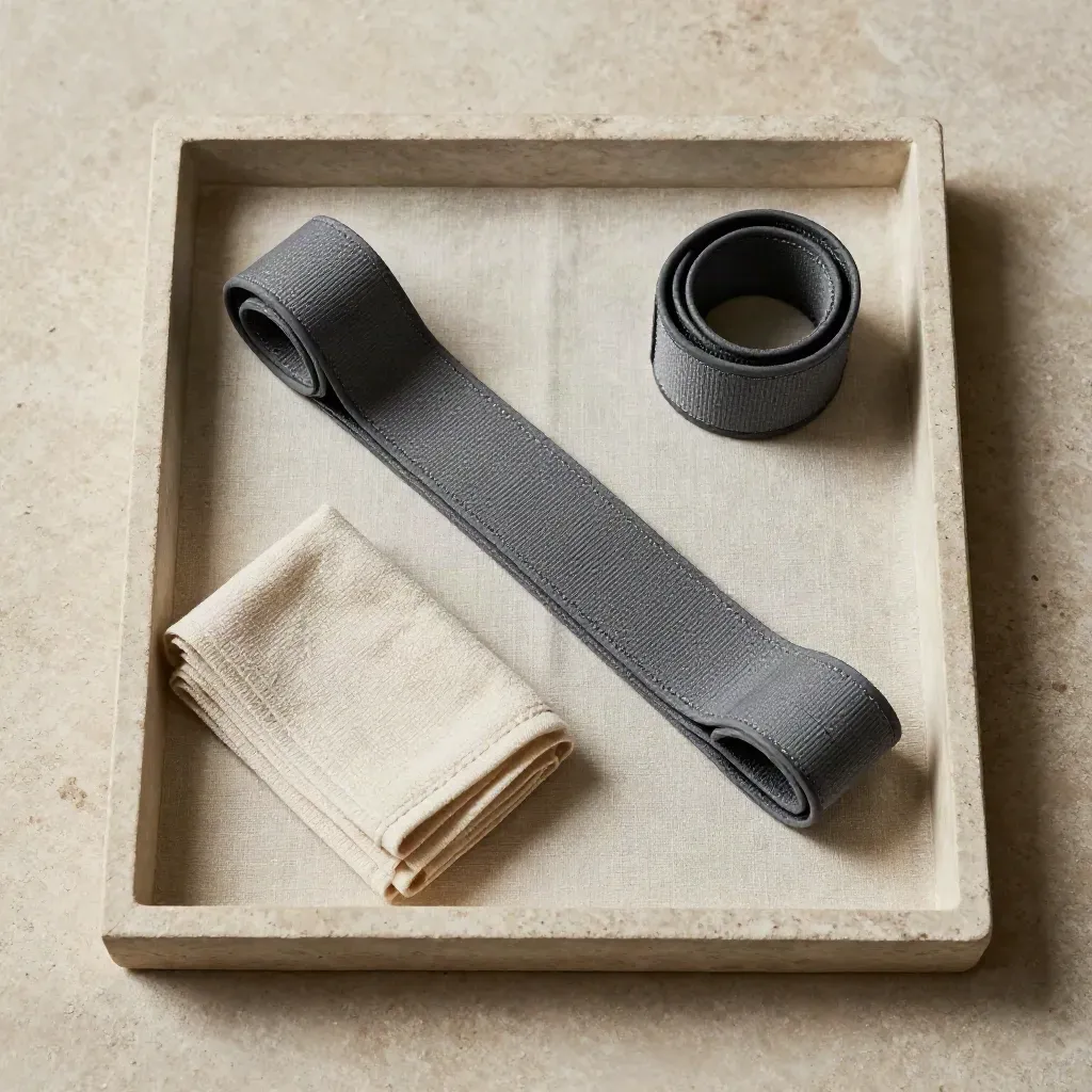 Resistance band, towel, and ankle cuffs on a linen-lined stone tray.