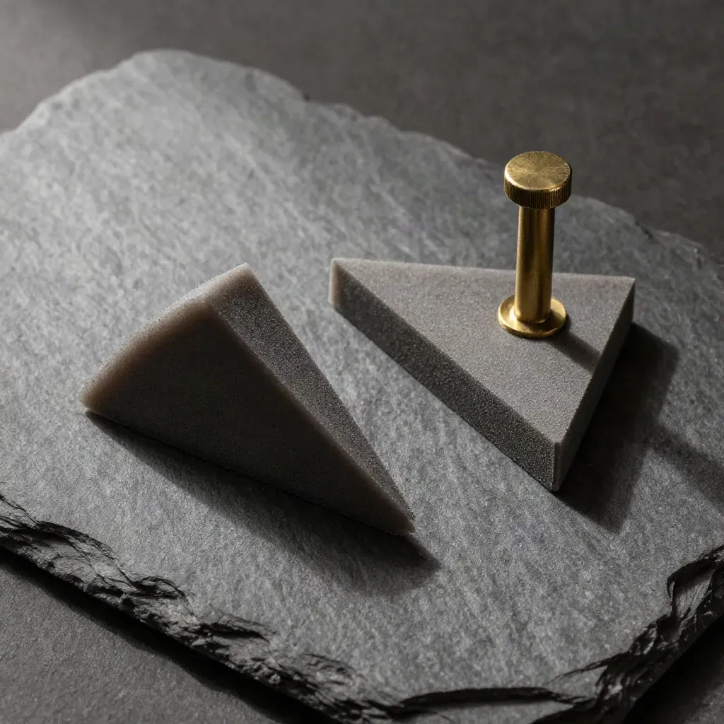 Foam wedges and a brass marker on slate, overhead with soft dust and directional light.
