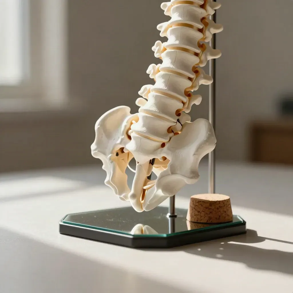 Spine model, mirror base, balance disc and cork wedge on pale plaster.