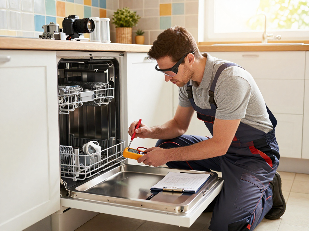 Dishwasher Experts performing repair in a modern kitchen, showcasing diagnostic tools and inviting atmosphere.