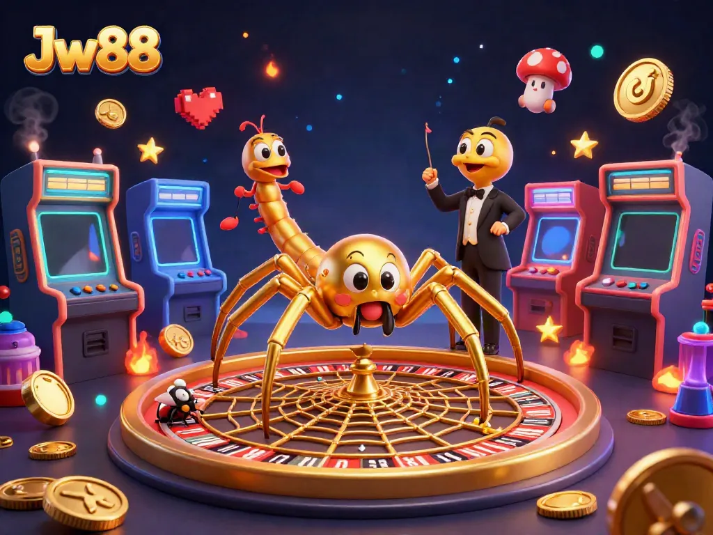 Engage with the thrilling world of Jw88 as a golden spider spins a roulette wheel web with vibrant gaming elements.