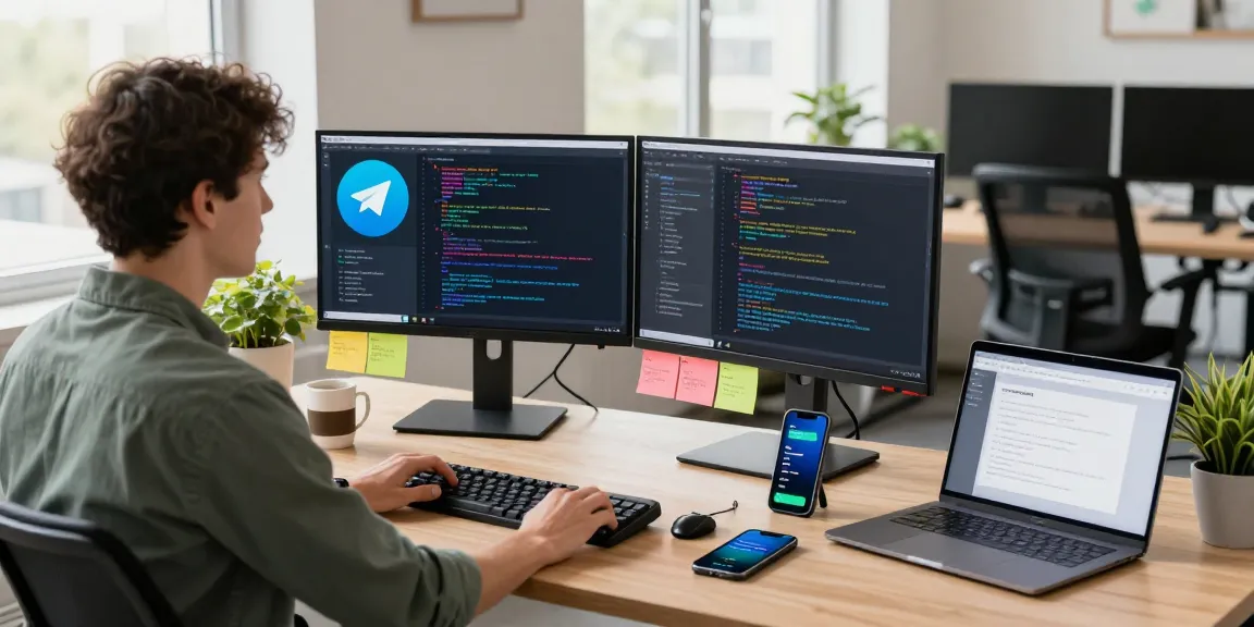 Explore Telegram download in a vibrant tech workspace featuring coding, dual screens, and modern gadgets.