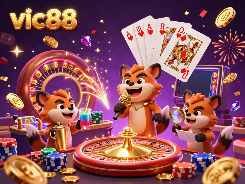 Experience the excitement of vic88 with 3D cartoon hyenas bringing a lively casino atmosphere to life, highlighted by dynamic gaming elements.