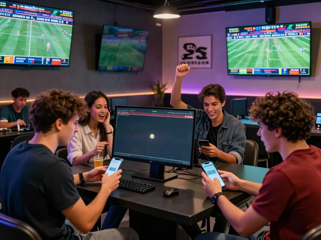 Exciting Bitcoin sports betting lounge in Canada with friends cheering and placing bets.