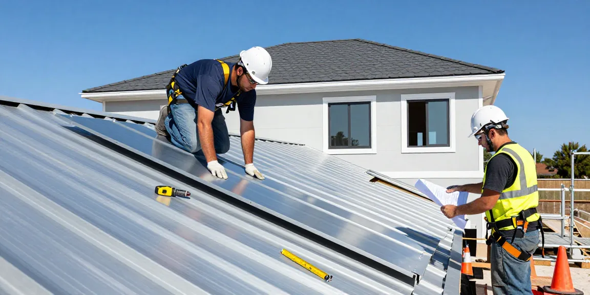 Steel roofing contractors expertly installing metal panels on a residential roof, showcasing teamwork and modern techniques.