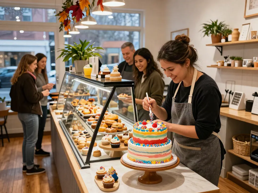 Freshly created cake near me Calgary with joyful baker in cozy bakery.