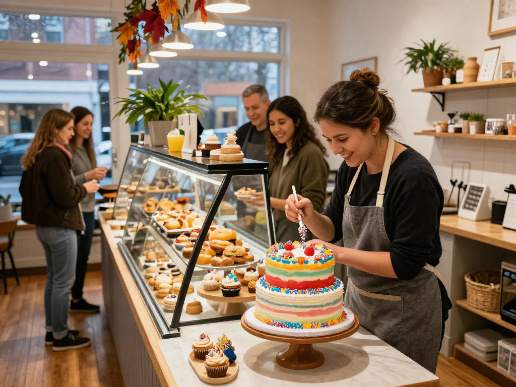 Freshly created cake near me Calgary with joyful baker in cozy bakery.