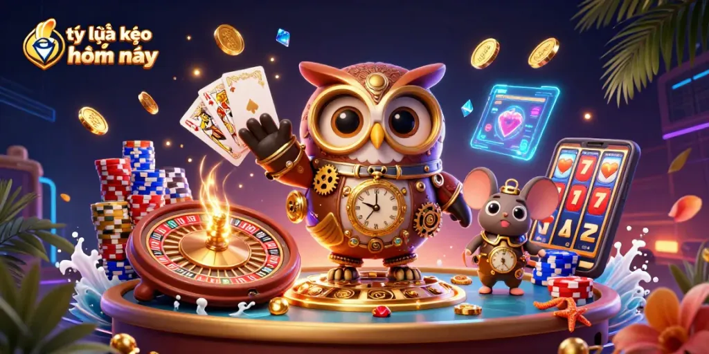 Engage with the tỷ lệ kèo nhà cái hôm nay through a vibrant 3D casino scene featuring playful characters and dynamic elements.