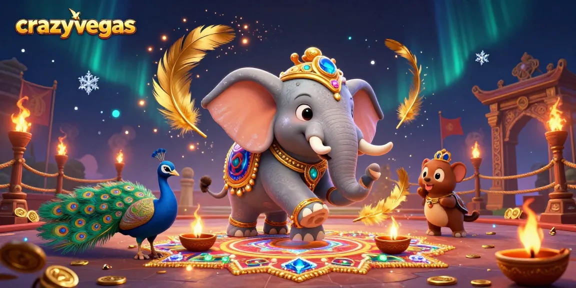 Play and win at crazyvegas with a vibrant festival scene featuring a majestic elephant and peacock amidst casino excitement.