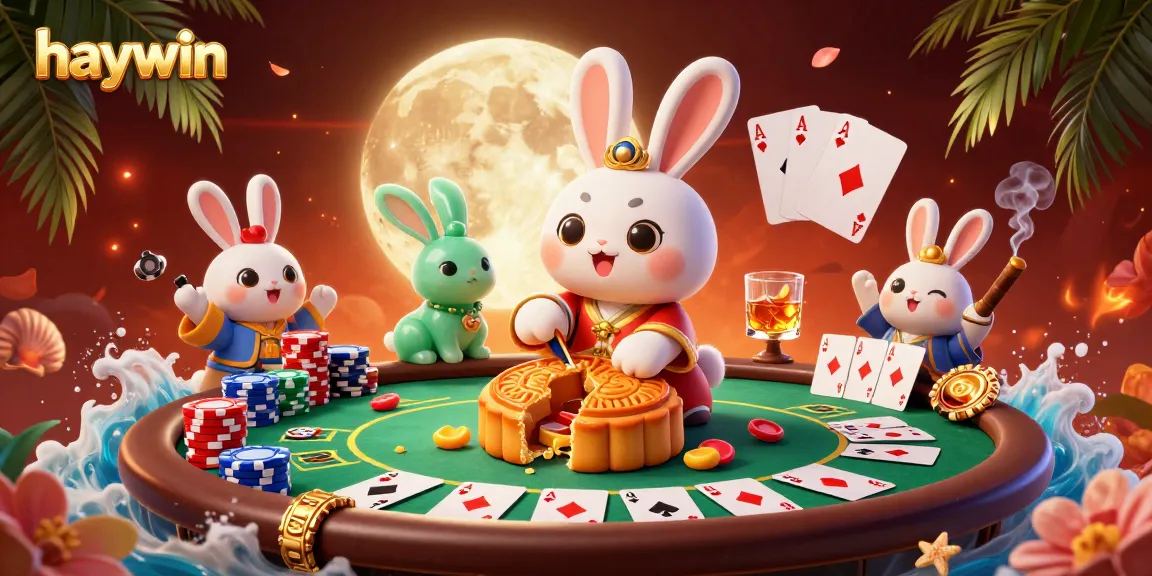 Win big at haywin with the moon rabbit revealing poker chips in a vibrant casino scene.